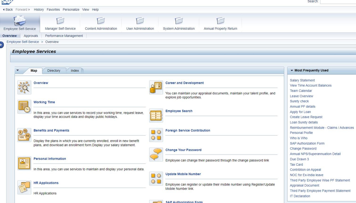 SAP Employee Self-Service portal showing Working Time, Benefits and Personal Information tiles