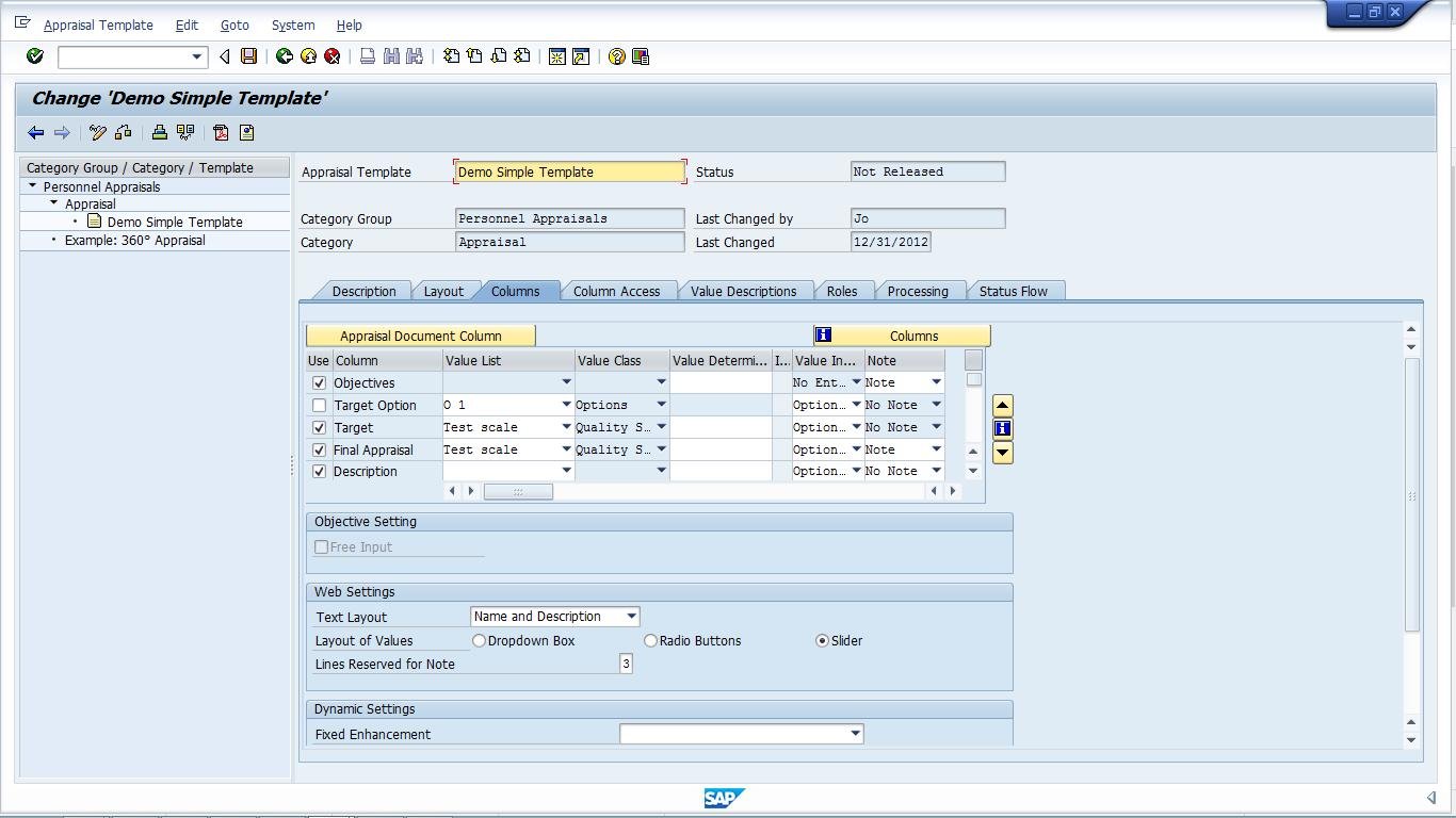 SAP Appraisal Template showing objectives, target and final appraisal columns