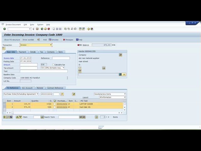 SAP Enter Incoming Invoice screen with PO reference line items