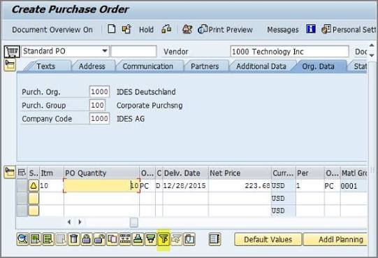 SAP Create Purchase Order screen