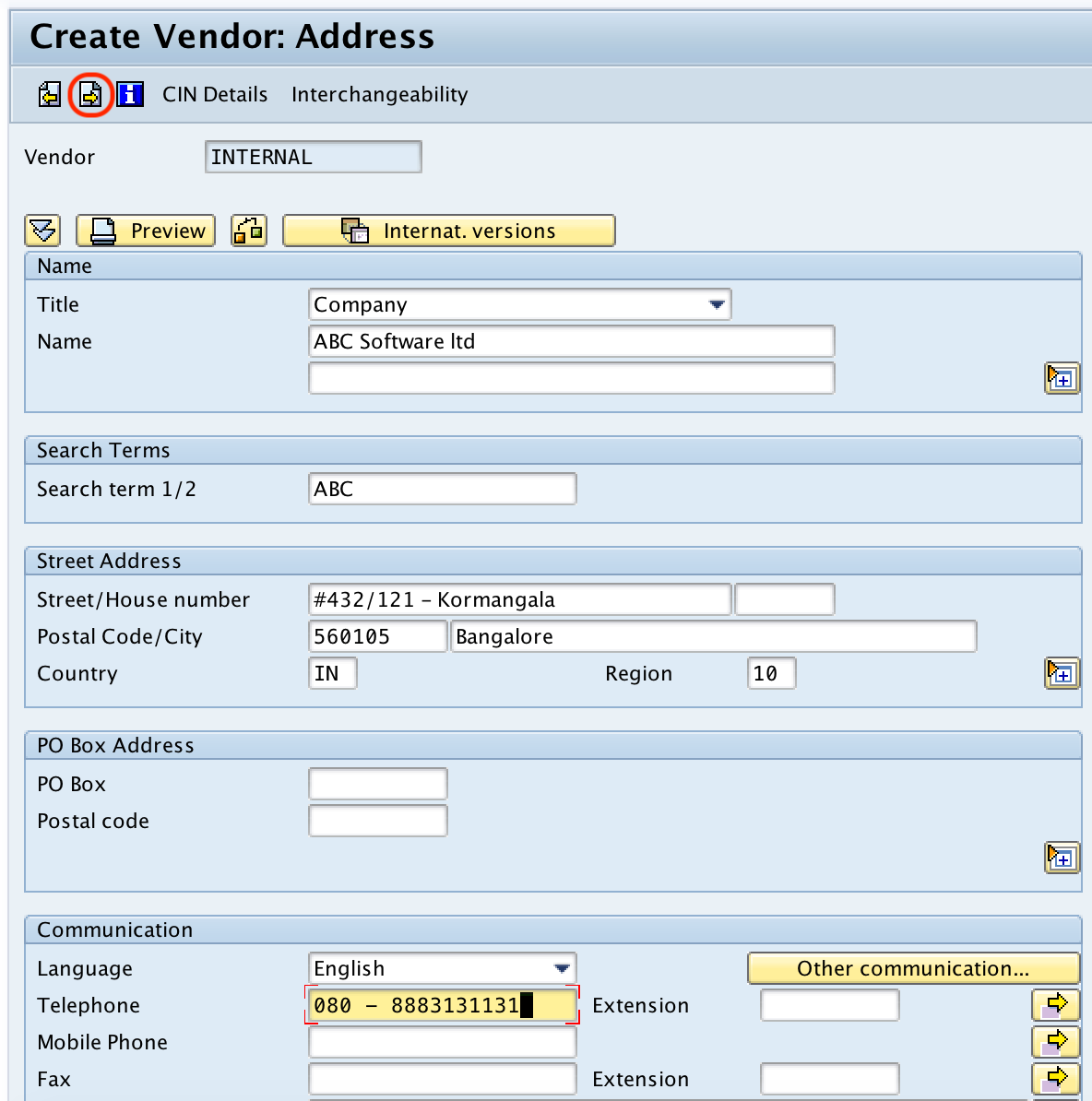 SAP Create Vendor: Address screen