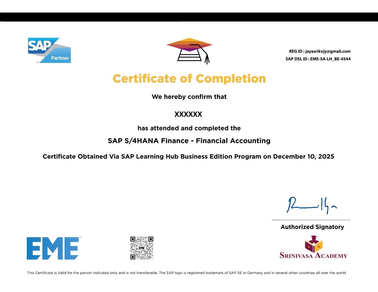 Sample SAP Certificate of Completion