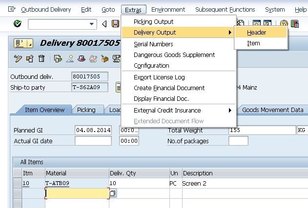 SAP Outbound Delivery screen with the Delivery Output menu open